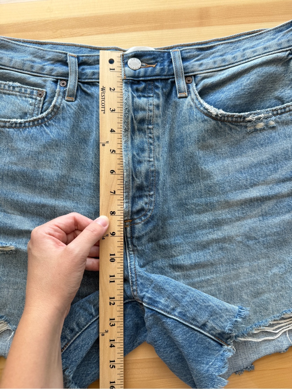 Denim Forum Ex Boyfriend High-Rise Distressed Jean Shorts- light blue - Picture 5 of 14